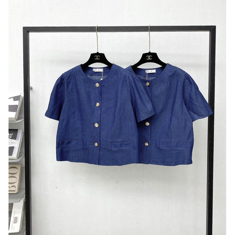 BIGSIZE Sơ Mi Jean Cổ Tròn Tay Bồng