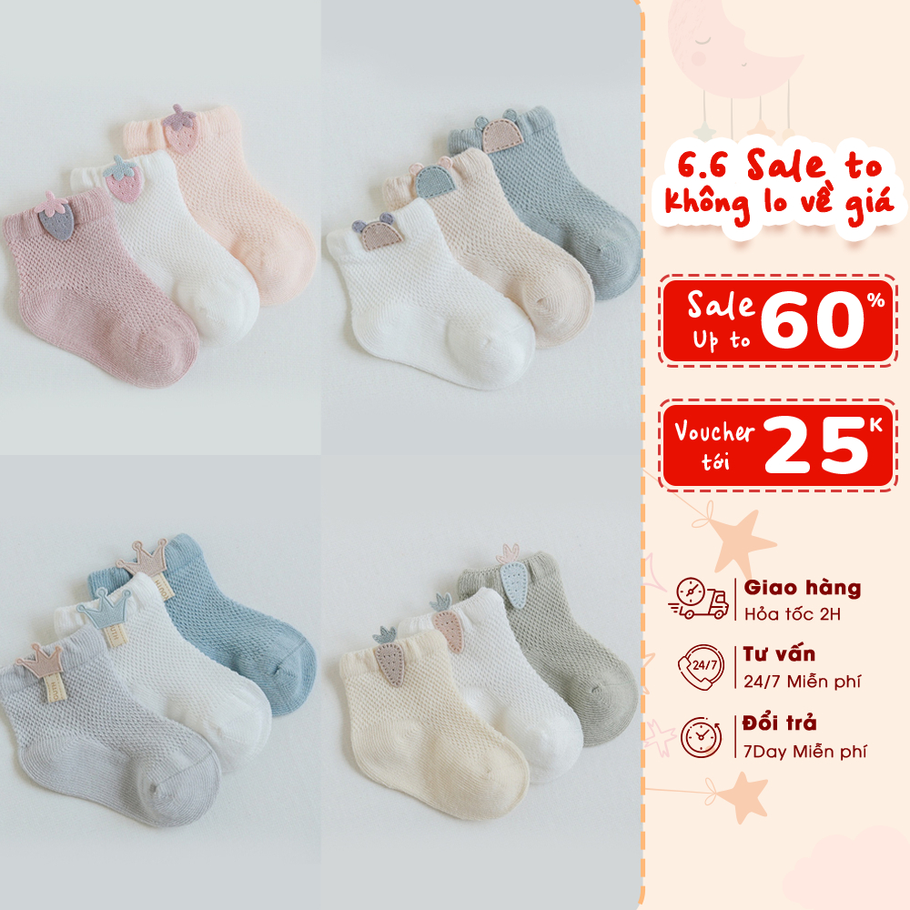 Set 3 Đôi Tất Lưới Sticker Mỏng Thoáng Khí Cho Bé Trai Bé Gái KYS+ Cotton 100% Mềm Mại Mùa Hè (Size 0 - 3 tuổi) S3S