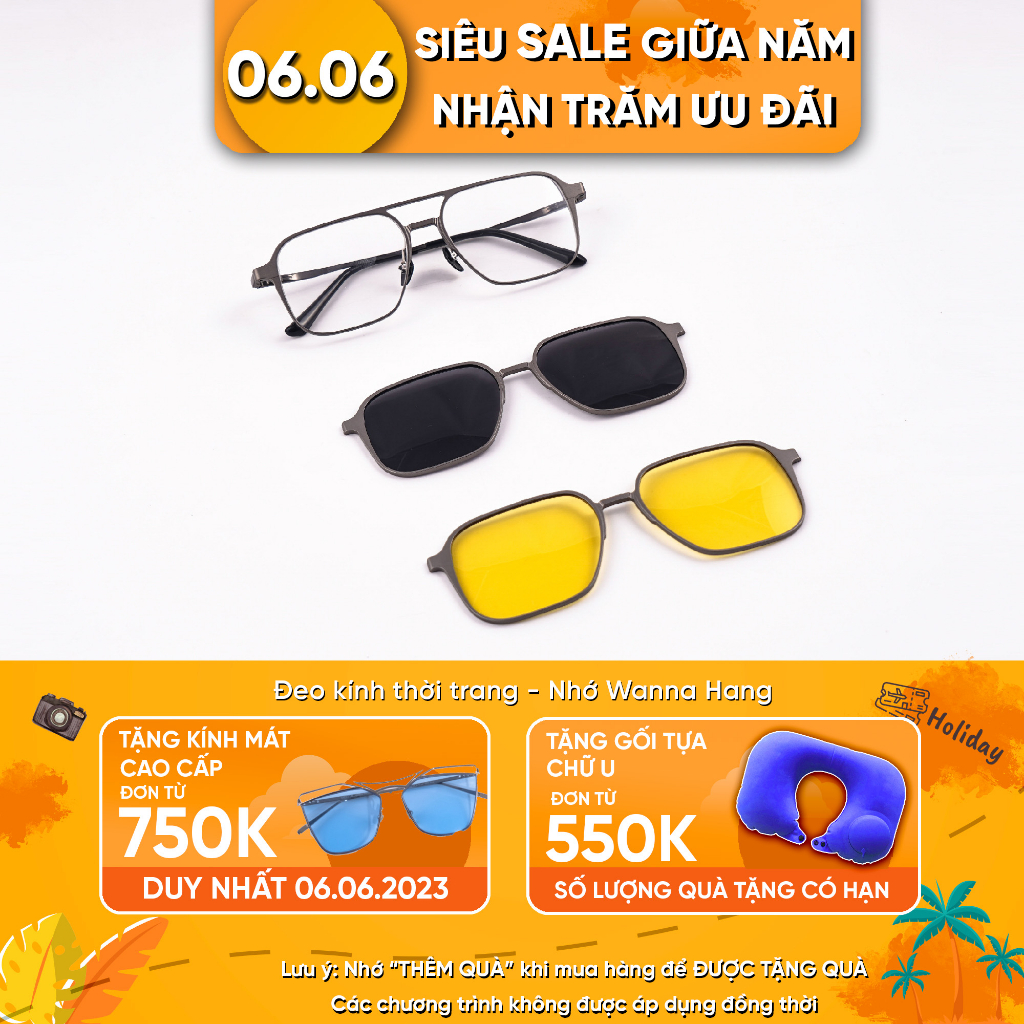 Gọng kính cận râm 3in1 kèm 2 tròng Đen Vàng chống tia UV chống loá cao cấp Wanna Hang 7009Pre