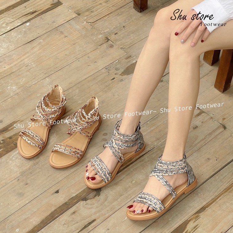 Shu Store | Sandal chiến binh quai dây cói khoá kéo sau thời trang mới 2023 dành cho nữ