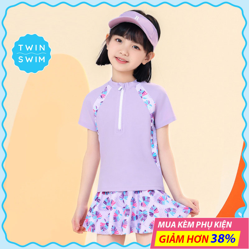 Đồ Bơi Bé Gái Twin Swim Cao Cấp, Đầm Áo Bơi Thiếu Nữ Xinh Xắn, Vải Co Giản Đàn Hồi Cao, Hoa Văn In Đẹp Sắc Nét