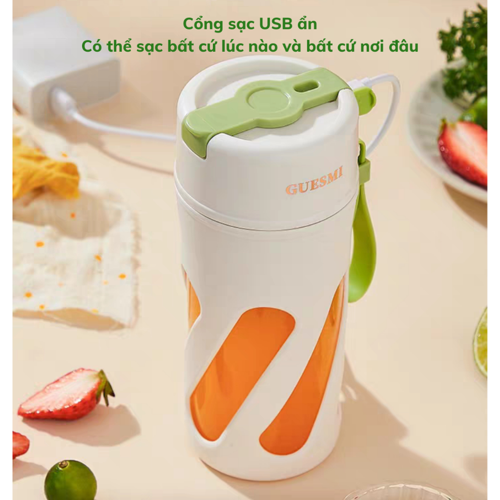 Máy xay sinh tố cầm tay Guesmi,máy xay sinh tố mini công suất mạnh xay được đá viên-10 lưỡi inox-pin trâu 3000mAh