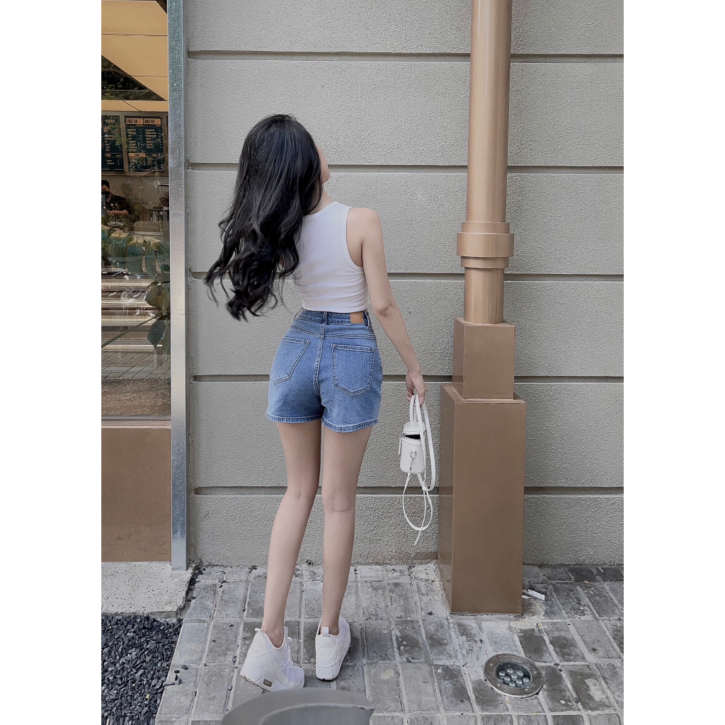 Quần Short Jean Nữ Lưng Cao Basic Co Giãn Trơn Gấu Thường CT JEANS