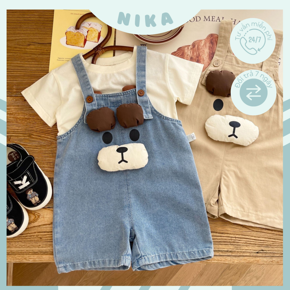 Set Quần yếm jean, kaki kèm áo thun cotton cộc tay phong cách dễ thương hình chú gấu cho bé
