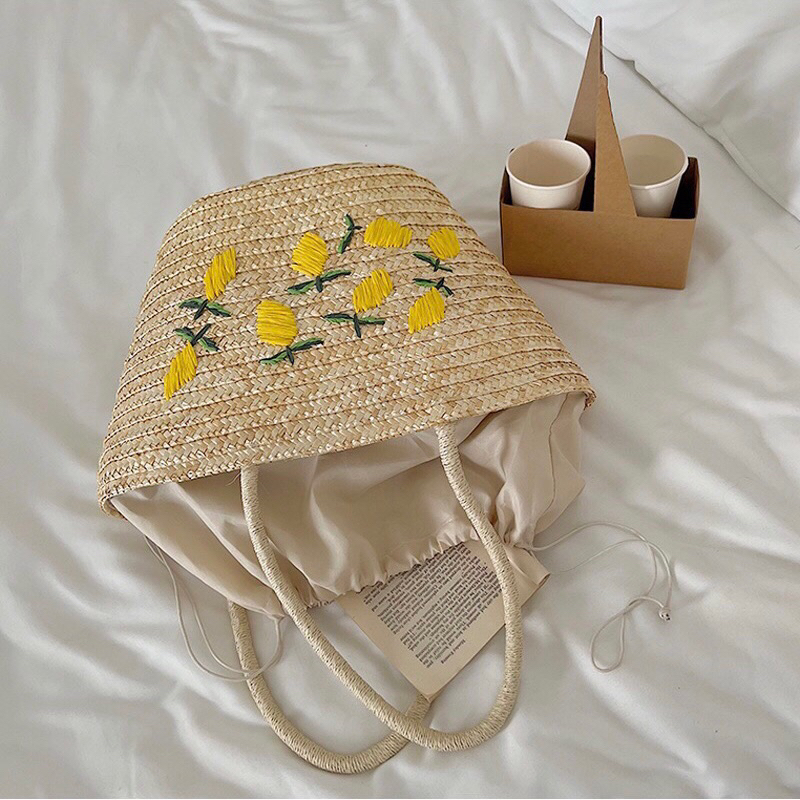 Túi cói Giỏ cói size to thêu hoa đeo vai đi biển - Cói House