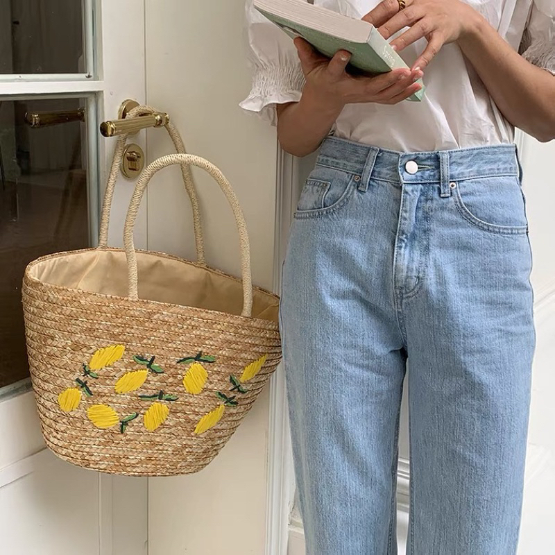 Túi cói Giỏ cói size to thêu hoa đeo vai đi biển - Cói House