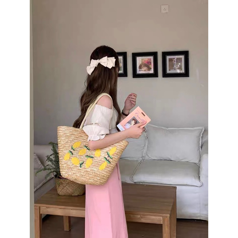 Túi cói Giỏ cói size to thêu hoa đeo vai đi biển - Cói House