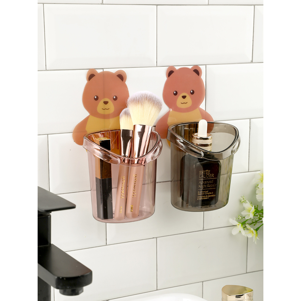 Cốc gấu dán tường để bàn chải đánh răng, lọ đựng cọ trang điểm nhà tắm có lỗ thoát nước đa năng tiện lợi