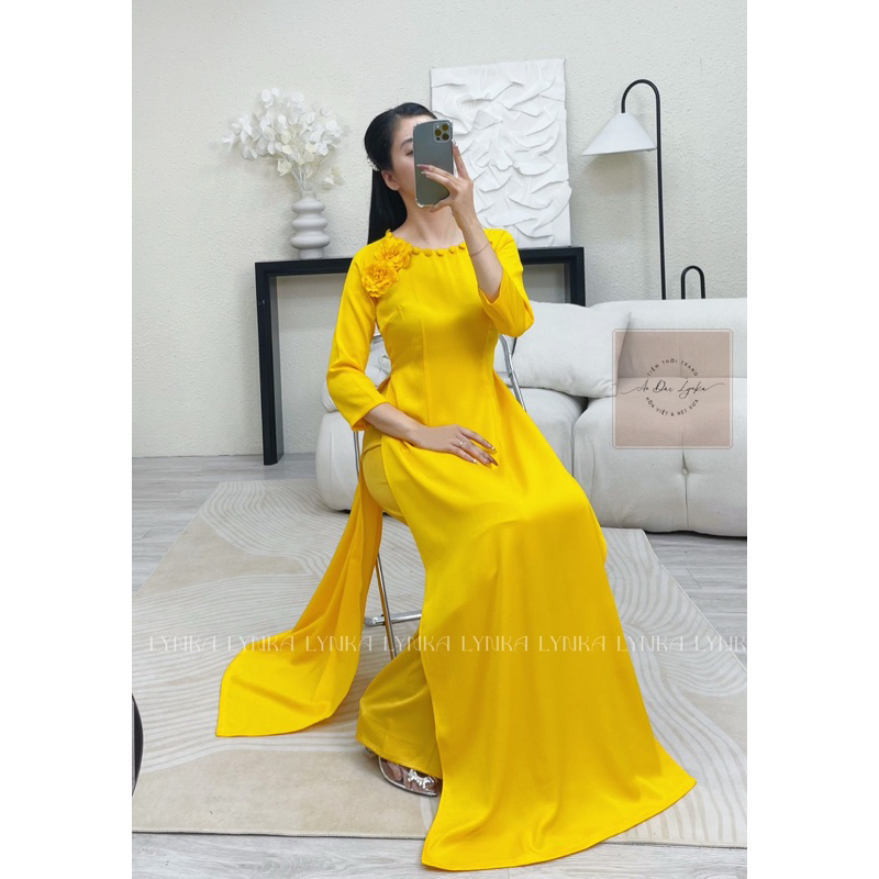 TT01-Áo dài lụa đính cúc tặng kèm hoa/ao dai Lynka88