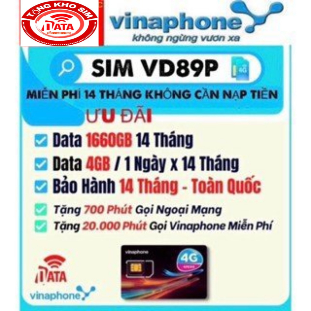 SIM DATA VINA VD89P - Sẵn gói 14 Tháng