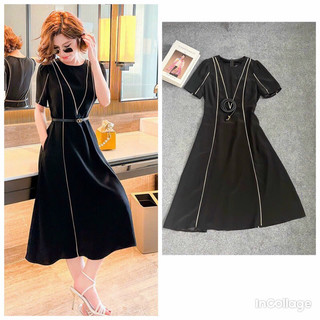 Đầm lụa đen kẻ trắng kèm nịt. Nhập QC