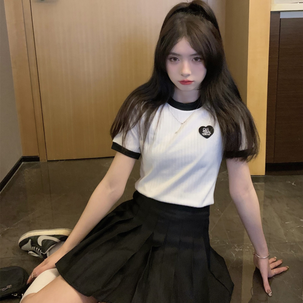 Áo Thun Tương Phản Dệt Kim Tay Ngắn Thêu Họa Tiết Màu Sắc Phiên bản Hàn Quốc