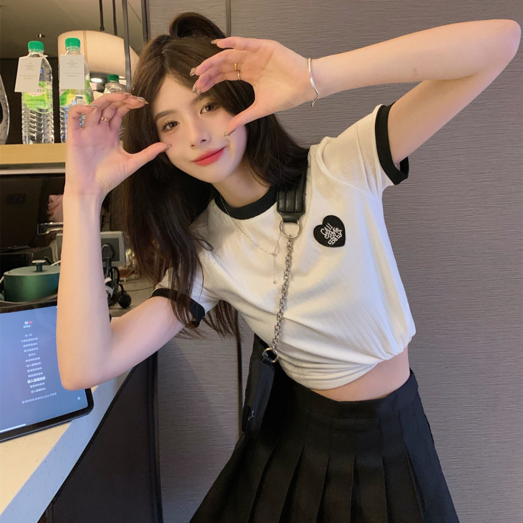 Áo Thun Tương Phản Dệt Kim Tay Ngắn Thêu Họa Tiết Màu Sắc Phiên bản Hàn Quốc