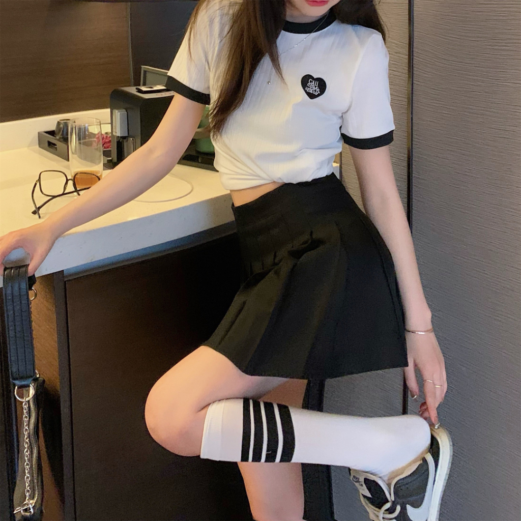 Áo Thun Tương Phản Dệt Kim Tay Ngắn Thêu Họa Tiết Màu Sắc Phiên bản Hàn Quốc