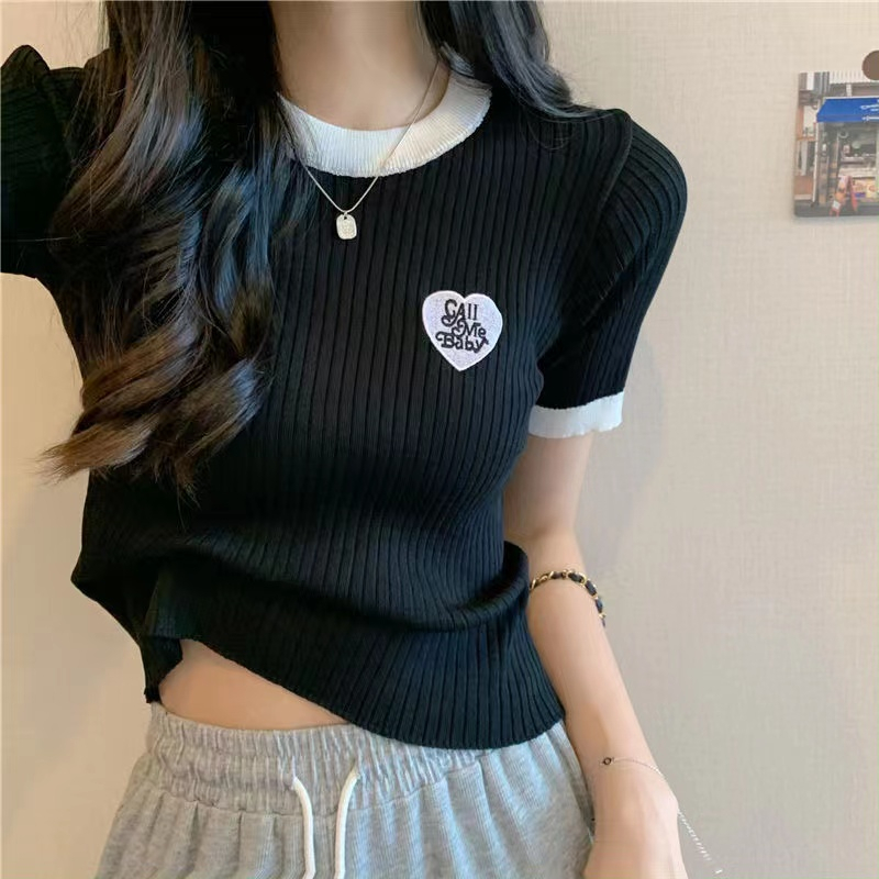 Áo Thun Tương Phản Dệt Kim Tay Ngắn Thêu Họa Tiết Màu Sắc Phiên bản Hàn Quốc