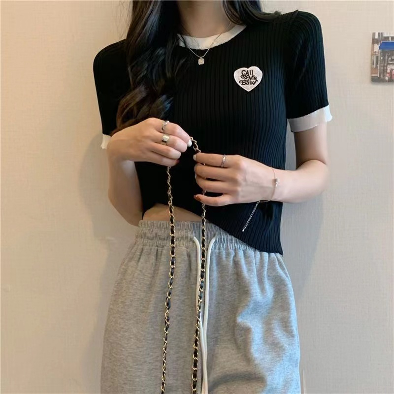 Áo Thun Tương Phản Dệt Kim Tay Ngắn Thêu Họa Tiết Màu Sắc Phiên bản Hàn Quốc