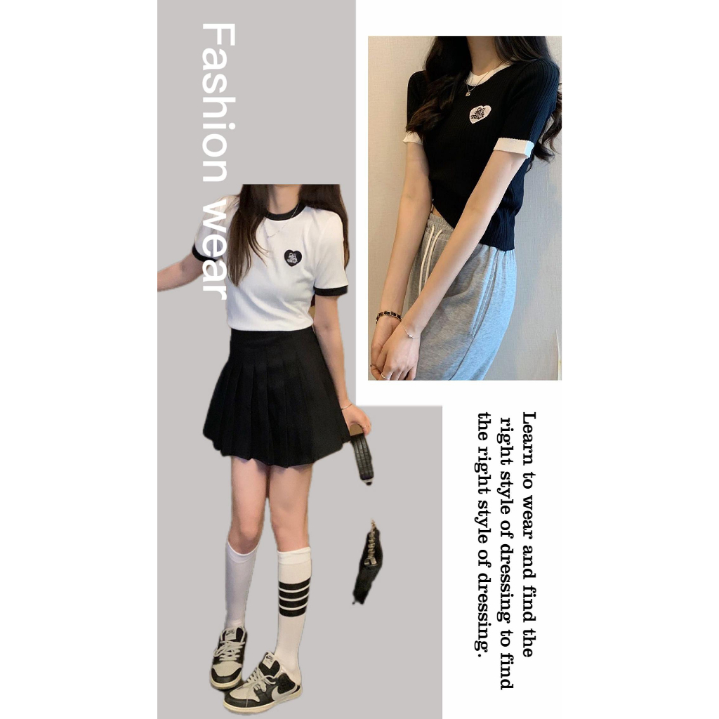 Áo Thun Tương Phản Dệt Kim Tay Ngắn Thêu Họa Tiết Màu Sắc Phiên bản Hàn Quốc