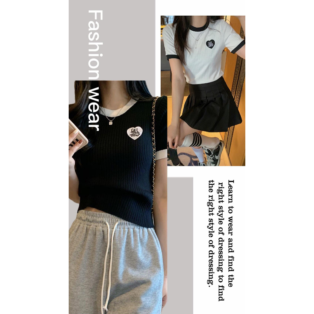 Áo Thun Tương Phản Dệt Kim Tay Ngắn Thêu Họa Tiết Màu Sắc Phiên bản Hàn Quốc