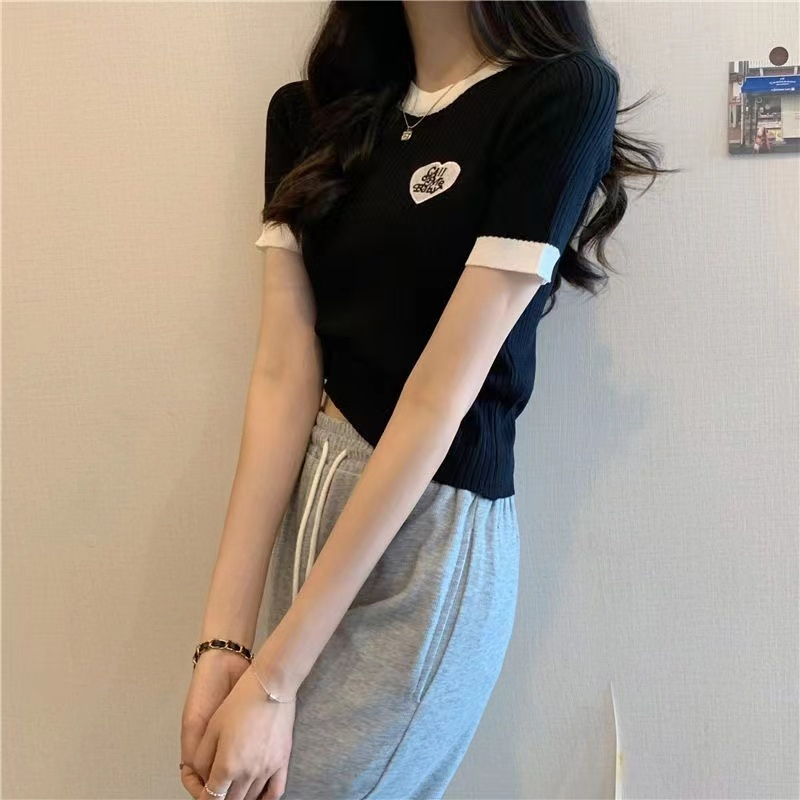 Áo Thun Tương Phản Dệt Kim Tay Ngắn Thêu Họa Tiết Màu Sắc Phiên bản Hàn Quốc