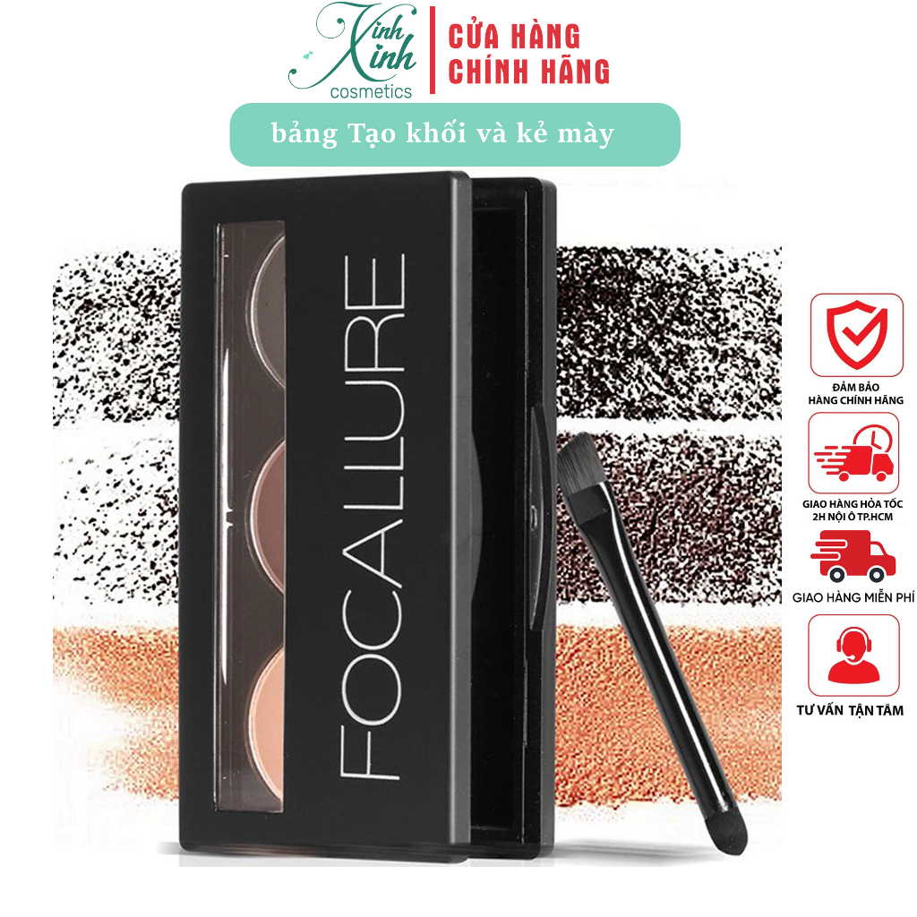 Bảng phấn tạo khối và kẻ lông mày FOCALLURE trang điểm lông mày 3 màu kèm cọ cao cấp FA04