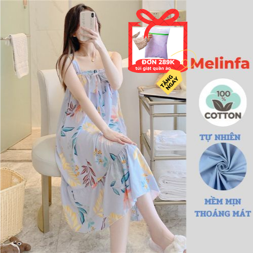 Váy đầm ngủ mặc nhà hai dây dáng dài vải Cotton tự nhiên mềm mại thoáng mát măc mùa hè mã VAV0368