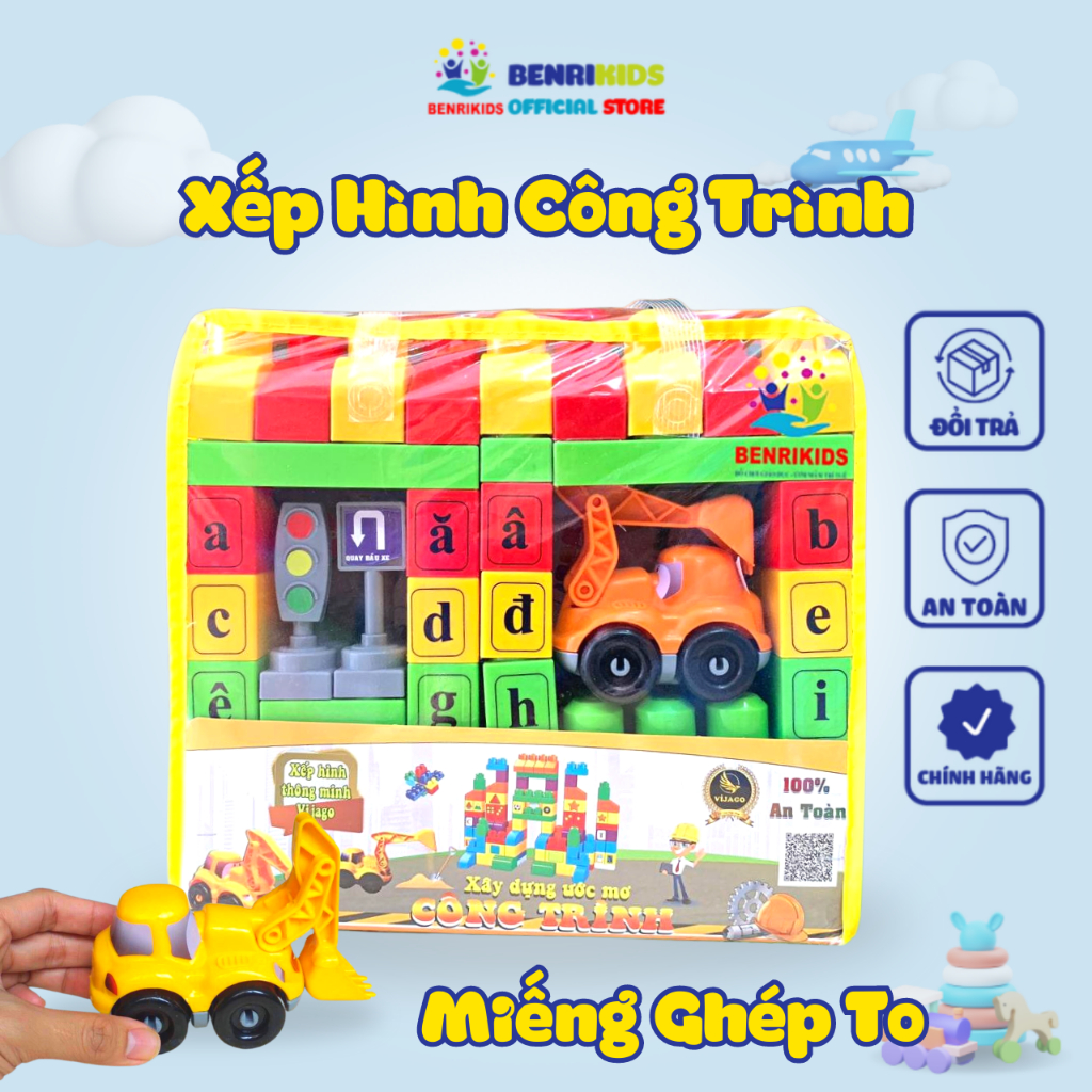 Bộ Đồ Chơi Xếp Hình Công Trình Kết Hợp Học Chữ Tiếng Việt Vijago