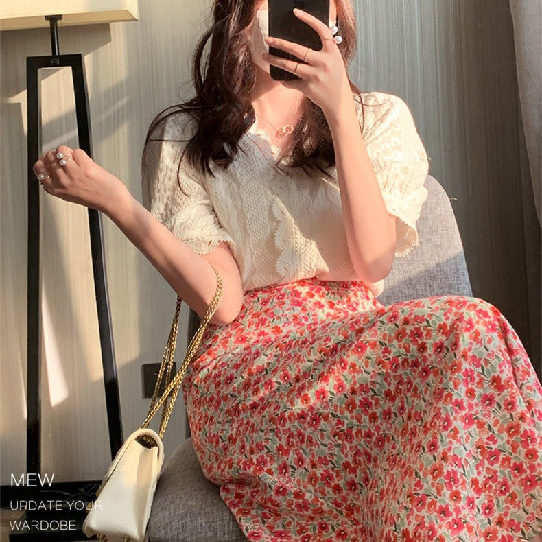 CHÂN VÁY MIDI HOA NHÍ ĐỎ CHIFFRON 2 LỚP