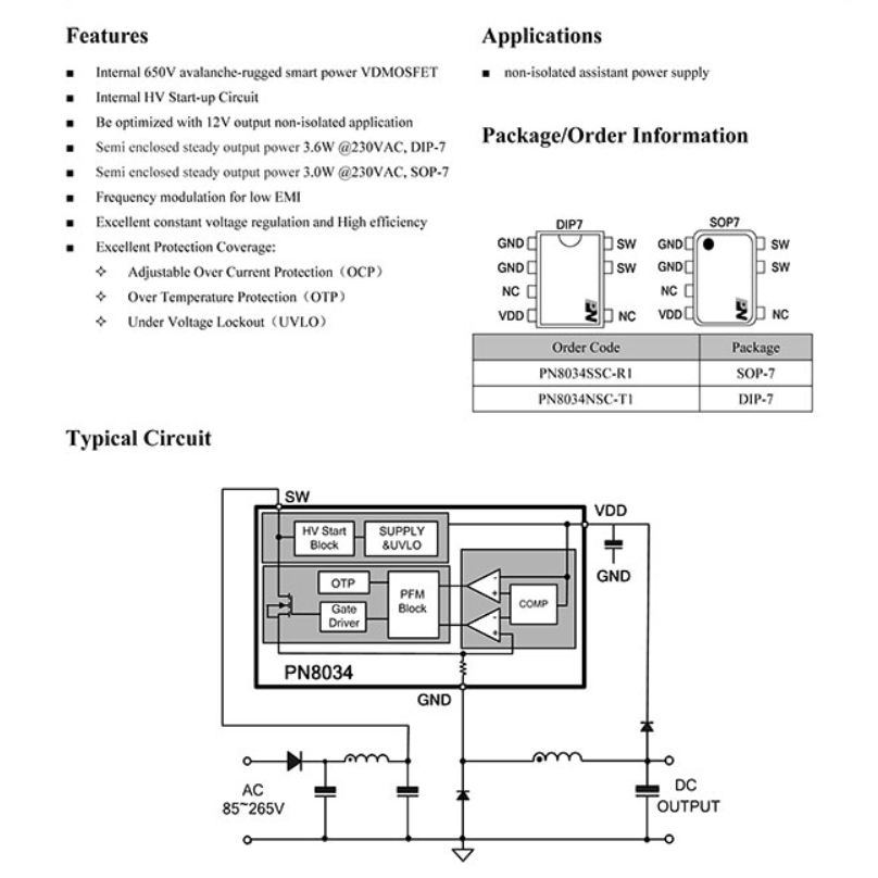 IC nguồn xung tích hợp PN8034 DIP-7 chính hãng