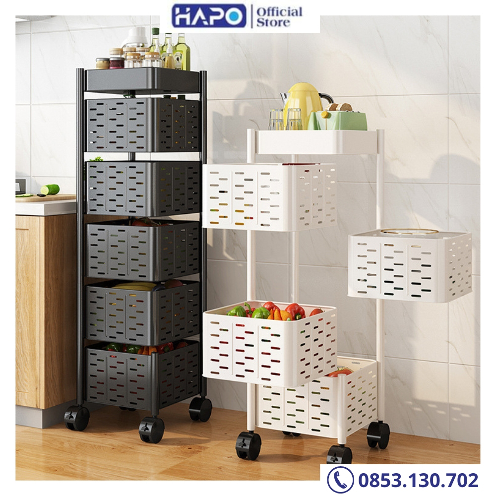 Kệ xoay đa năng 5 tầng thép không gỉ bánh xe di chuyển dễ dang. Giá để đồ nhà bếp hoa quả nhiều tầng xoay 360 độ
