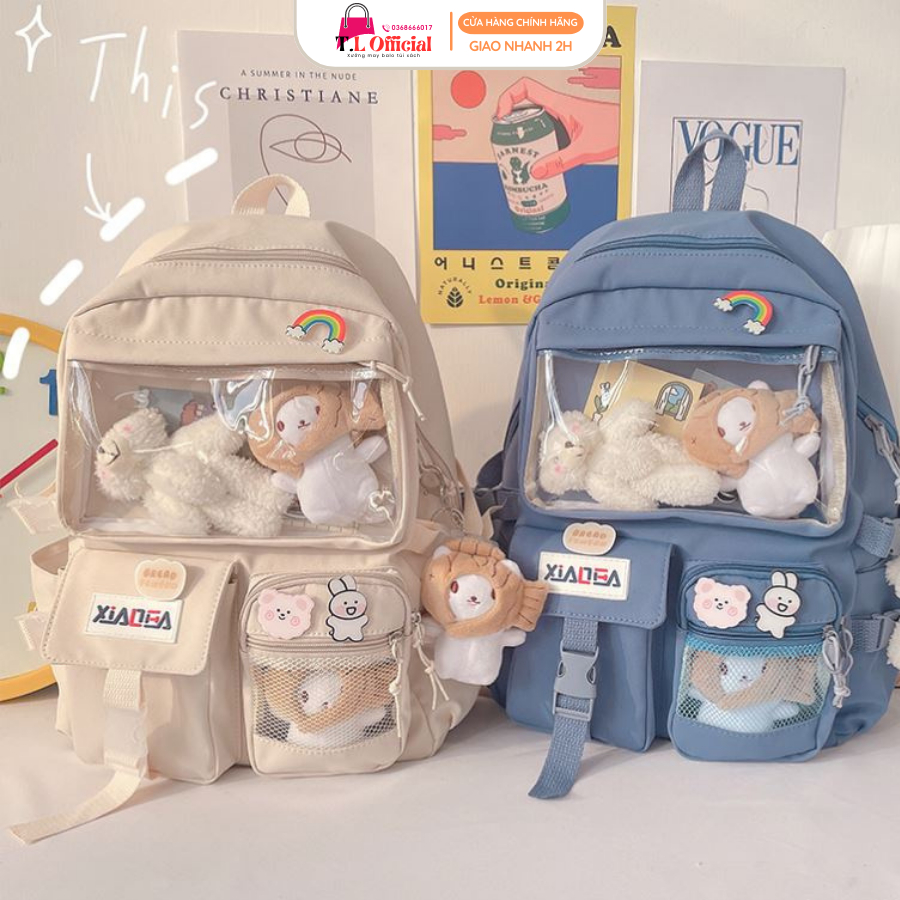 Balo Học Sinh Vải Canvas, Balo Lưới Màu Pastel Nhẹ Nhàng Xinh Xắn - Ngăn Túi Trong Dài