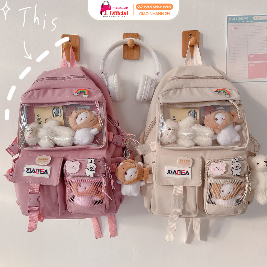 Balo Học Sinh Vải Canvas, Balo Lưới Màu Pastel Nhẹ Nhàng Xinh Xắn - Ngăn Túi Trong Dài