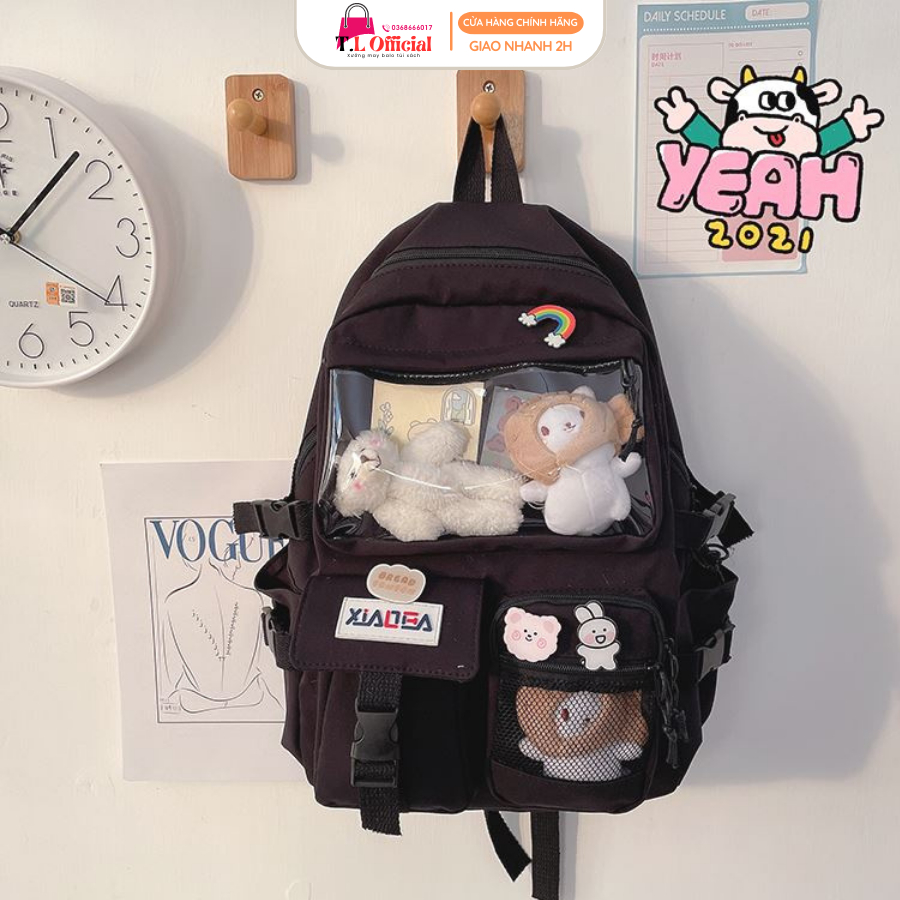 Balo Học Sinh Vải Canvas, Balo Lưới Màu Pastel Nhẹ Nhàng Xinh Xắn - Ngăn Túi Trong Dài