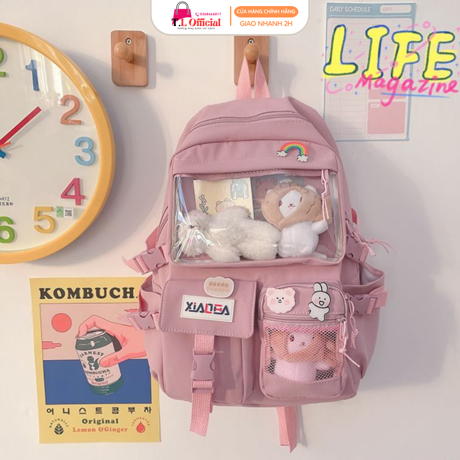 Balo Học Sinh Vải Canvas, Balo Lưới Màu Pastel Nhẹ Nhàng Xinh Xắn - Ngăn Túi Trong Dài