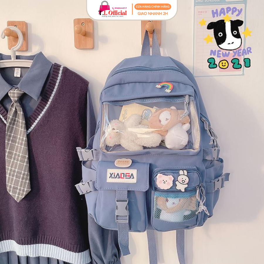 Balo Học Sinh Vải Canvas, Balo Lưới Màu Pastel Nhẹ Nhàng Xinh Xắn - Ngăn Túi Trong Dài