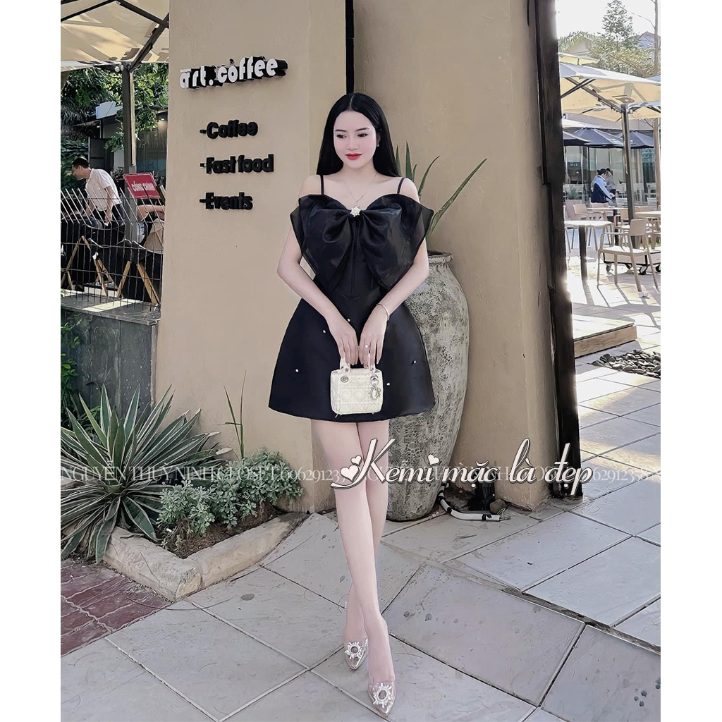 Váy tiểu thư 2 dây nơ ngực Tafta điểm xuyết đá kim cương, đầm dự tiệc dáng xòe Kemi tặng kèm tag bông tuyết
