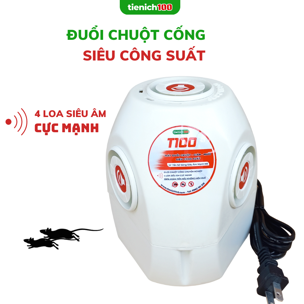 Máy Đuổi Chuột-Gián-Muỗi Siêu Công Suất T100, Đuổi Được Chuột Cống, 4 Loa Phát Sóng Siêu Âm, Tần Số Biến Đổi Thông Minh