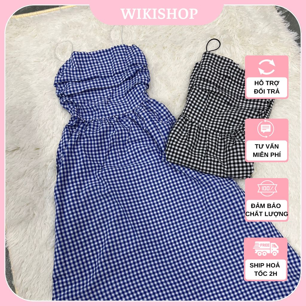 Váy 2 dây nữ, đầm nữ quây ngực họa tiệt kẻ caro dáng xòe freesize chun lưng sexy hở vai phom suông hàn quốc đi biển
