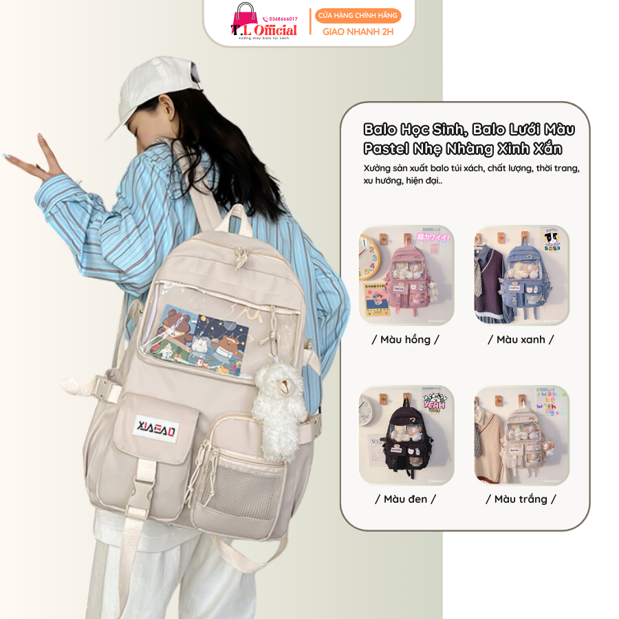 Balo Học Sinh Vải Canvas, Balo Lưới Màu Pastel Nhẹ Nhàng Xinh Xắn - Ngăn Túi Trong Dài