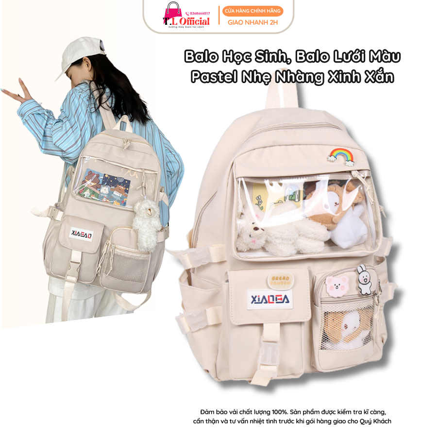 Balo Học Sinh Vải Canvas, Balo Lưới Màu Pastel Nhẹ Nhàng Xinh Xắn - Ngăn Túi Trong Dài