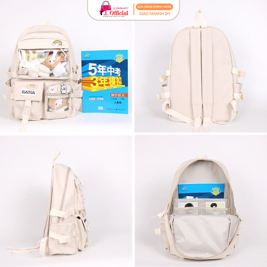 Balo Học Sinh Vải Canvas, Balo Lưới Màu Pastel Nhẹ Nhàng Xinh Xắn - Ngăn Túi Trong Dài