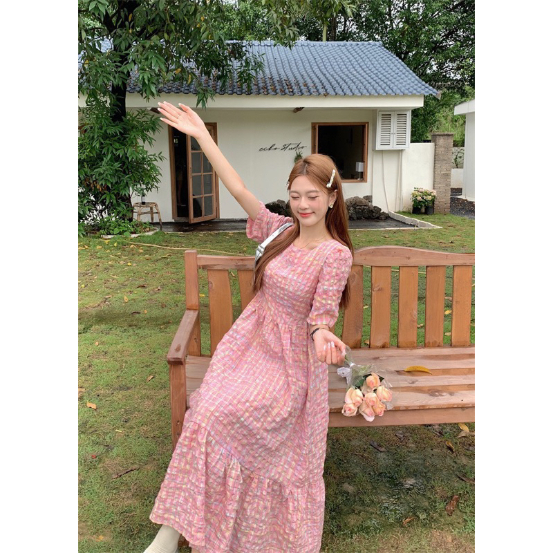 Váy Maxi Đuôi Cá Sọc Caro Hồng 🥰