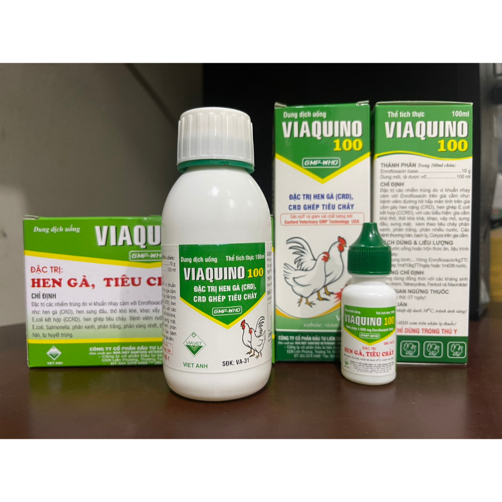 Hen gà, Tiêu chảy Gà Vịt Ngan VIAQUINO 100 Phân xanh trắng, hen crd, hen sưng phù đầu, vẩy mỏ ghép tiêu chảy.