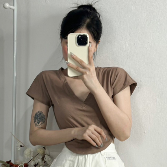 Áo croptop tay hến chất thun thun cotton kiểu dáng basic