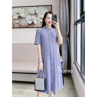 Váy bầu kẻ xanh sơmi tay bồng