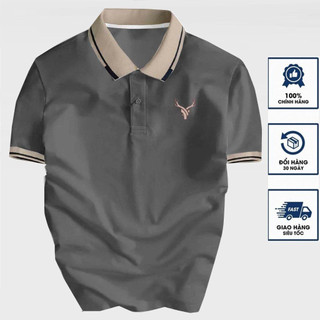 Áo thun Polo xám khói nam thêu Logo Sừng Hươu phối màu cực chuẩn  vải cotton co giãn 4 chiều sang trọng