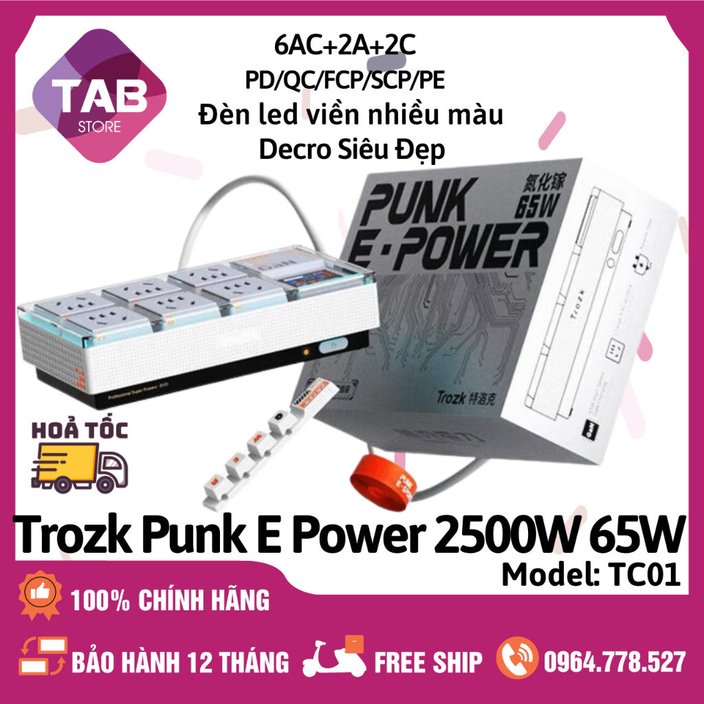 Củ Sạc Kiêm Ổ Cắm Điện Trozk Punk E Power 2500W 65W 6AC2C2A PD/QC/FCP/SCP/PE - TC01