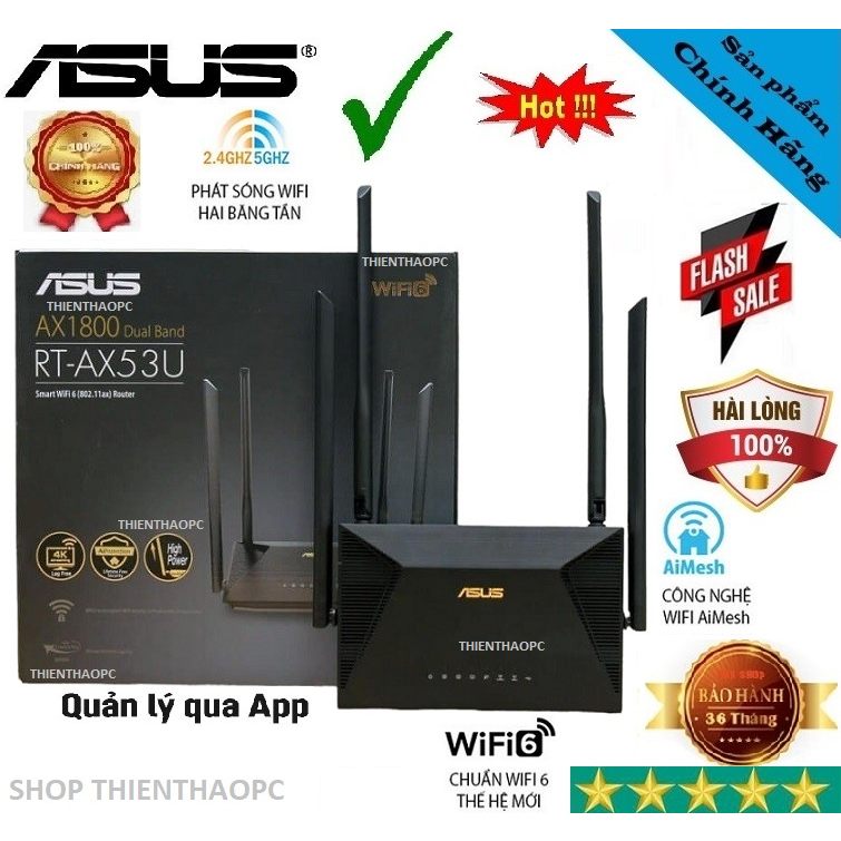 Bộ phát Wifi6 ASUS RT-AX53U, Chuẩn AX1800 Băng Tần Kép - Hàng Mới Chính Hãng BH36T