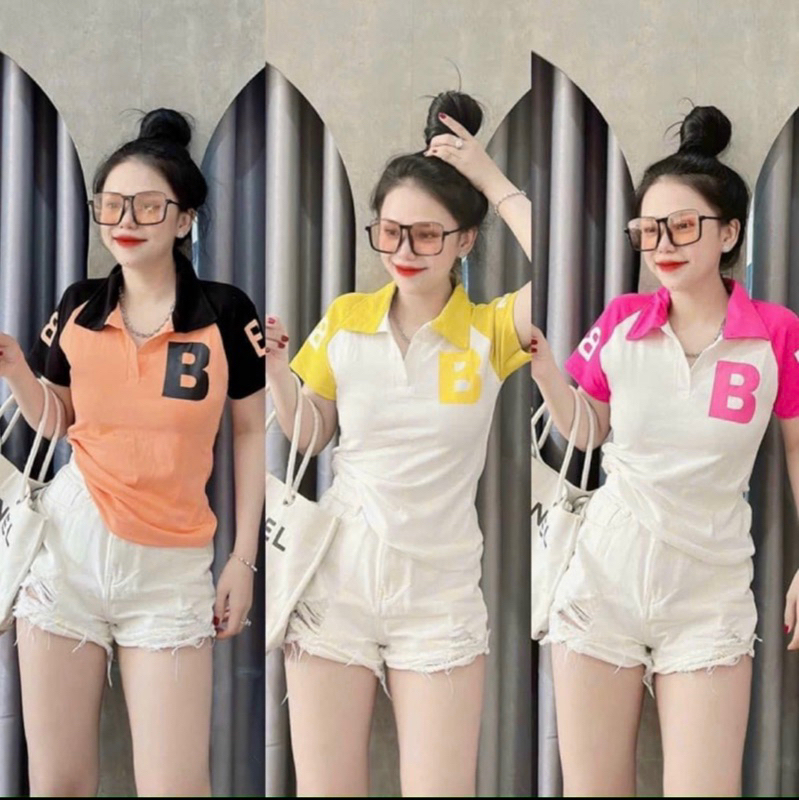 Áo thun cổ trụ tay ngắn phối chữ dáng dài