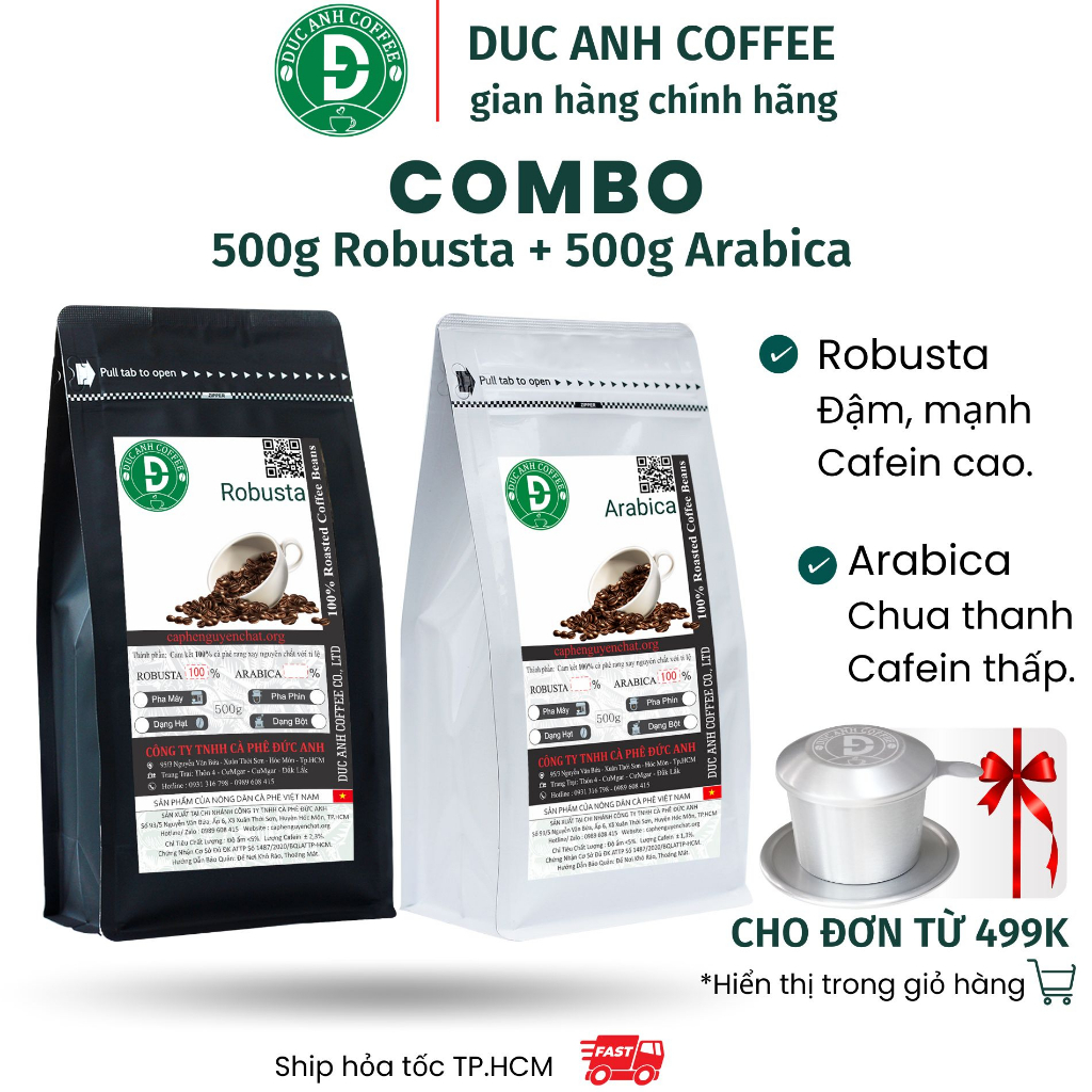 Combo gói Robusta 500g + Gói Arabica 500g ) D Coffee Dùng Pha Phin, Pha Máy - Công Ty Cà Phê Đức Anh