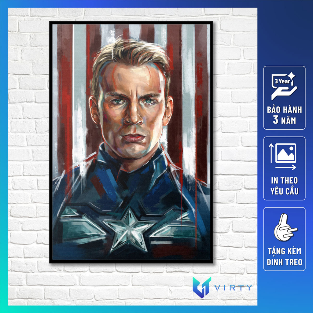 Tranh treo tường CAPTAIN AMERICA kèm khung composite VIRTY Tranh Canvas decor phòng ngủ, phòng làm việc